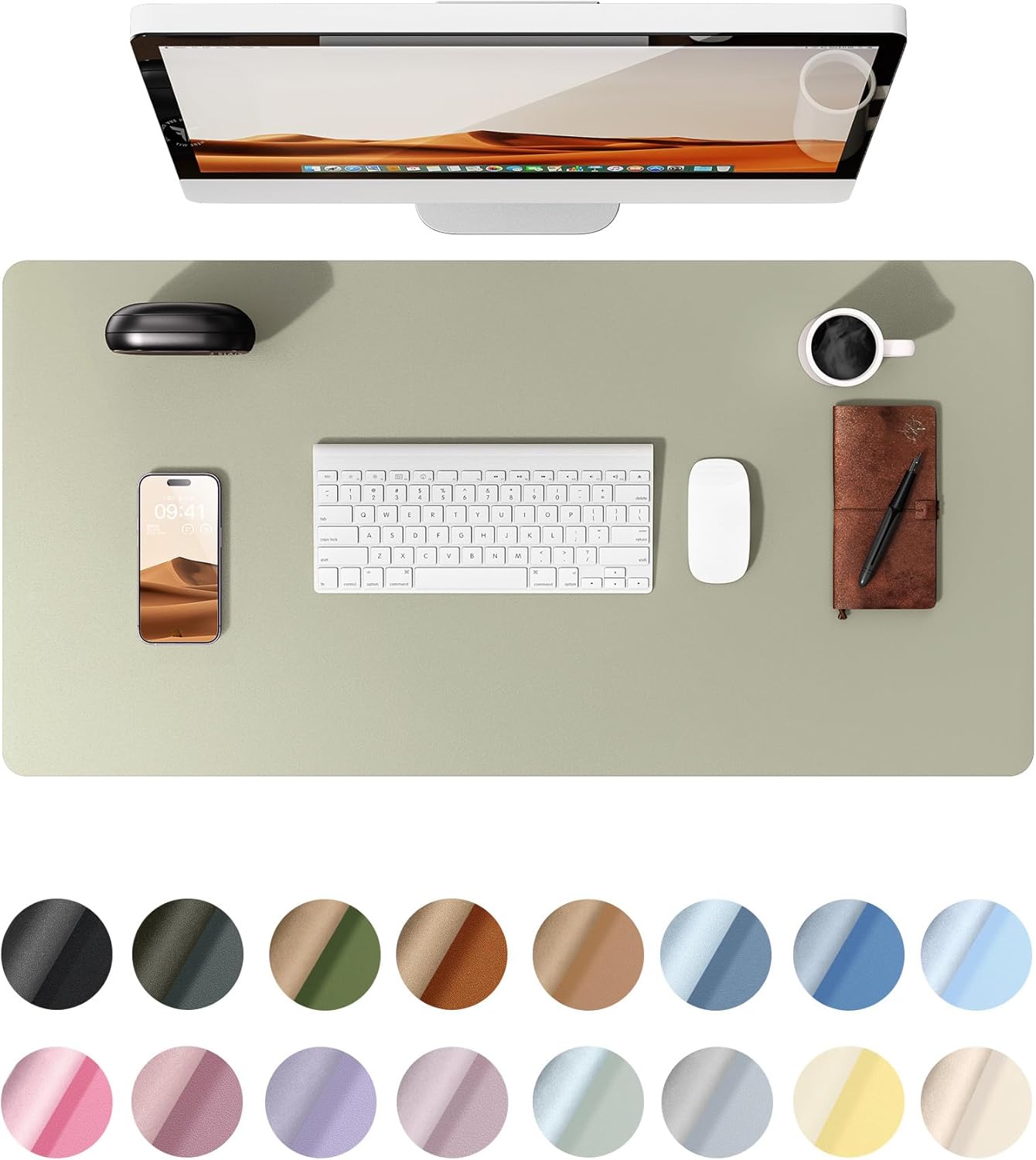 Leather Desk Pad Protector,（31.5" x 15.8") Large Mouse Pad, Non-Slip PU Leather Desk Blotter, Laptop Desk Pad,Sage Green