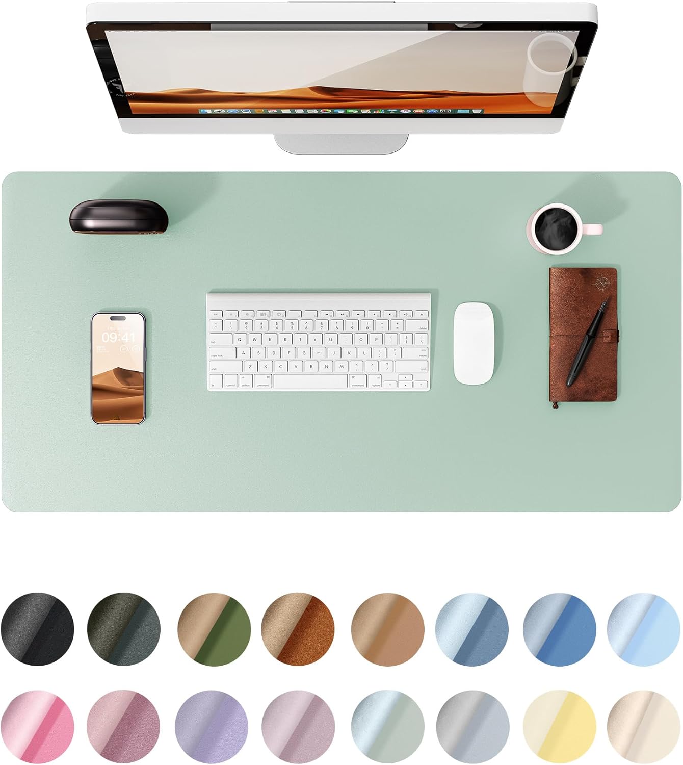 Leather Desk Pad Protector,（31.5" x 15.8") Large Mouse Pad, Non-Slip PU Leather Desk Blotter, Laptop Desk Pad,Pale Green