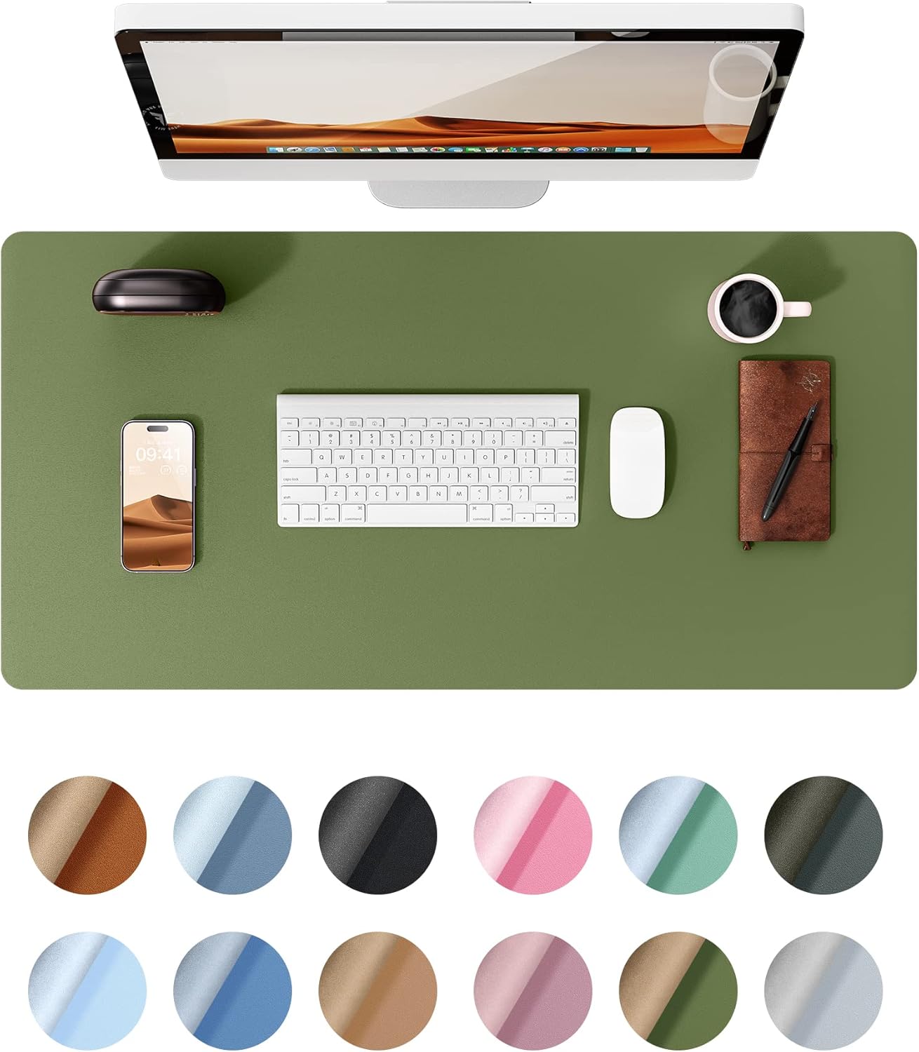 Leather Desk Pad Protector,（31.5" x 15.8") Large Mouse Pad, Non-Slip PU Leather Desk Blotter, Laptop Desk Pad,Green