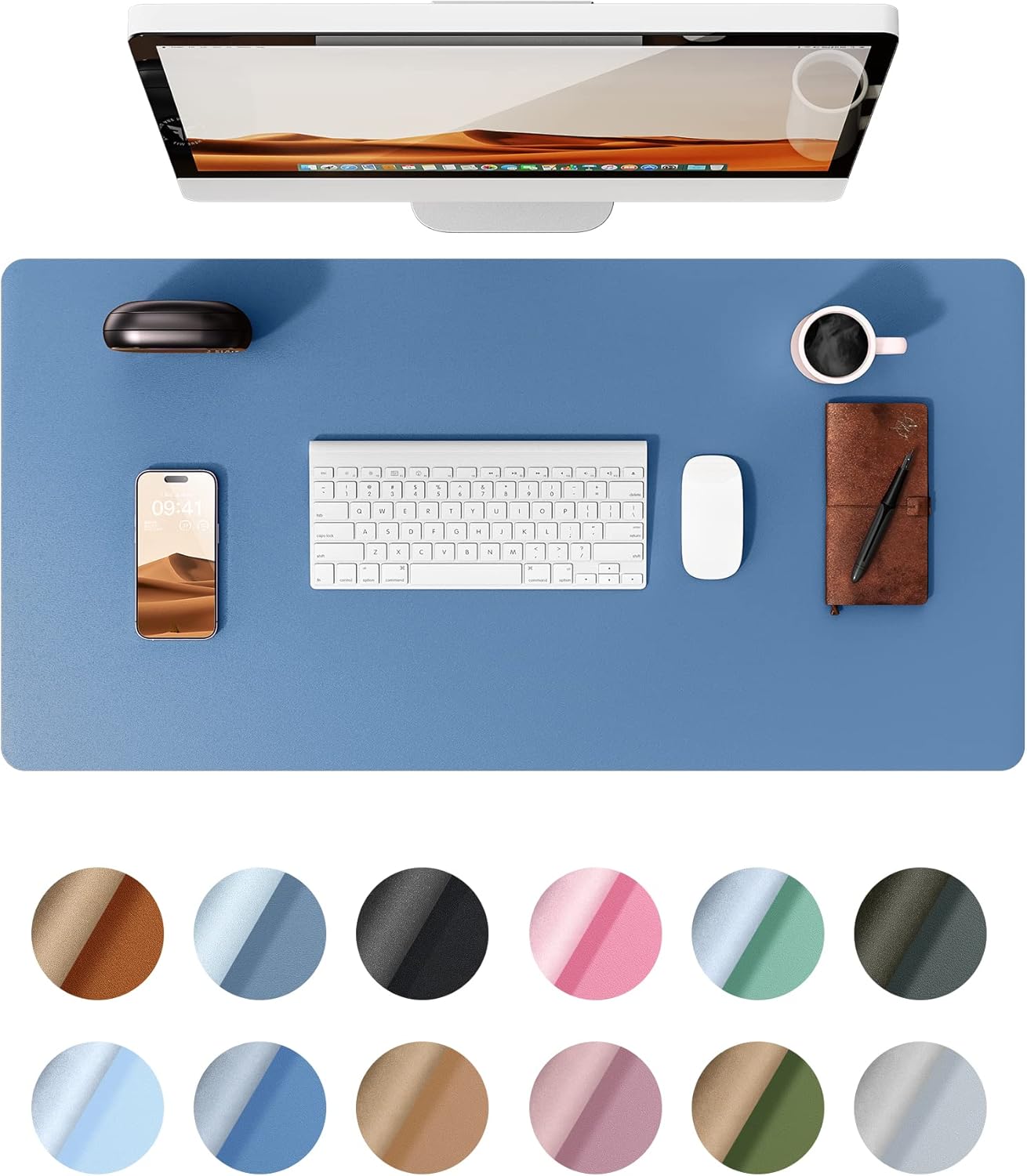 Leather Desk Pad Protector,（31.5" x 15.8") Large Mouse Pad, Non-Slip PU Leather Desk Blotter, Laptop Desk Pad,Sea Blue