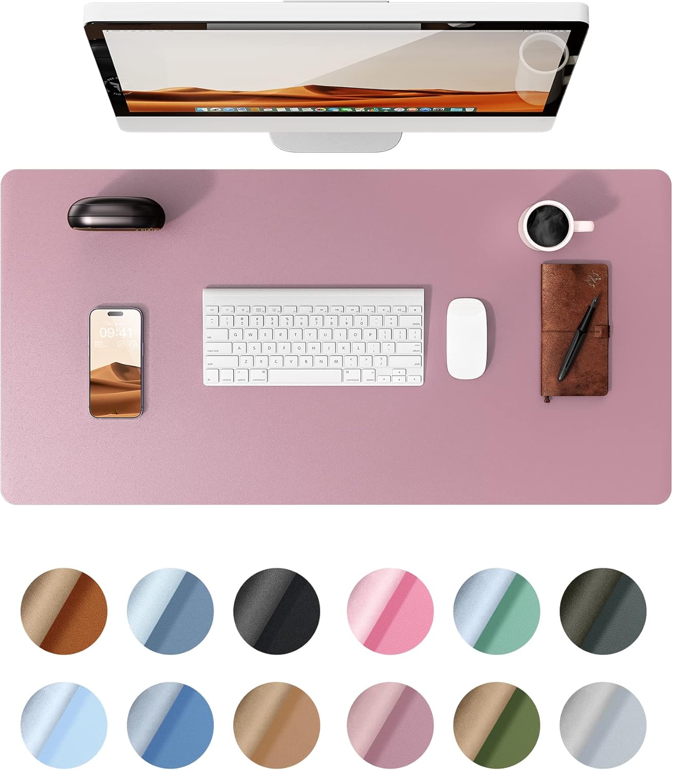Leather Desk Pad Protector,（31.5" x 15.8") Large Mouse Pad, Non-Slip PU Leather Desk Blotter, Laptop Desk Pad,Pale Mauve