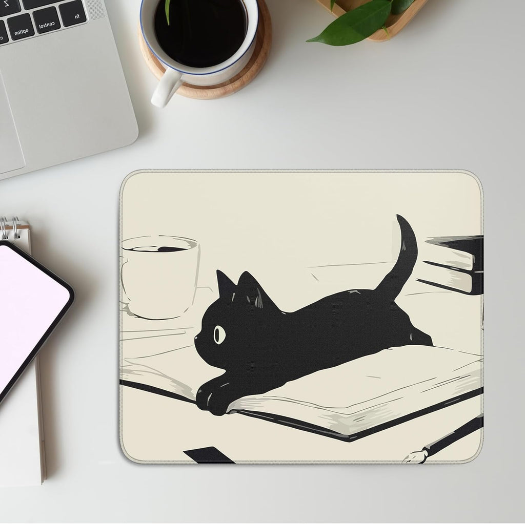 Travel Mousepad with Non-Slip Rubber Base, Stitched Edge Mouse Pads for Desk,Computers,Laptop,Office--Cute Black Cat