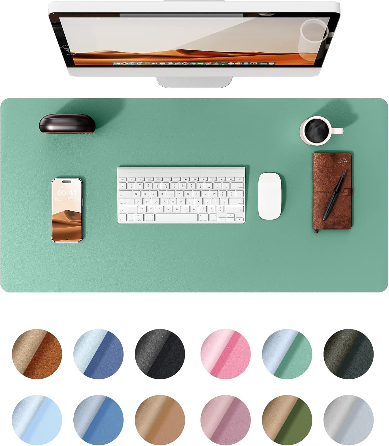 Leather Desk Pad Protector,（31.5" x 15.8") Large Mouse Pad, Non-Slip PU Leather Desk Blotter, Laptop Desk Pad,Green-Blue