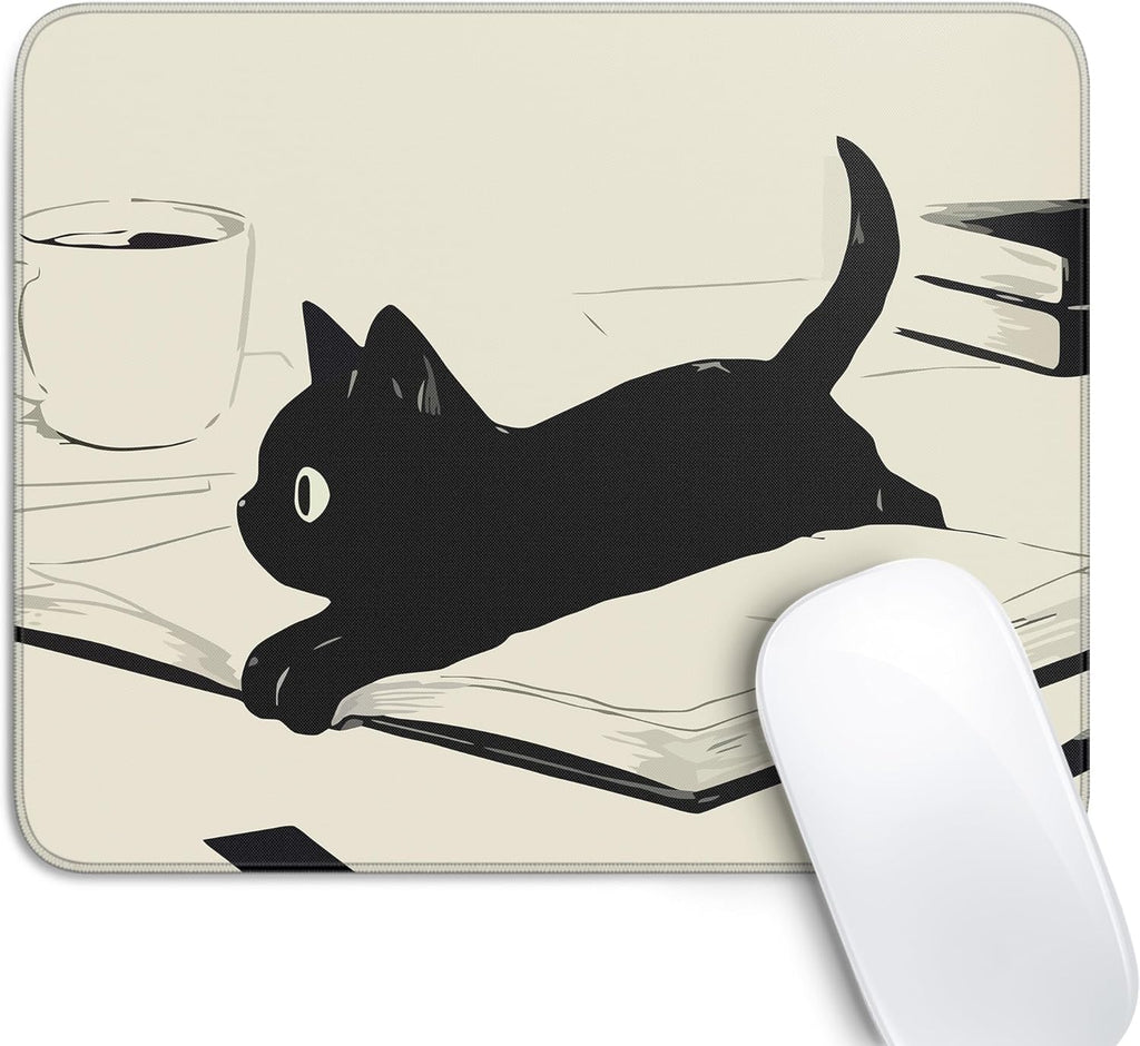 Travel Mousepad with Non-Slip Rubber Base, Stitched Edge Mouse Pads for Desk,Computers,Laptop,Office--Cute Black Cat
