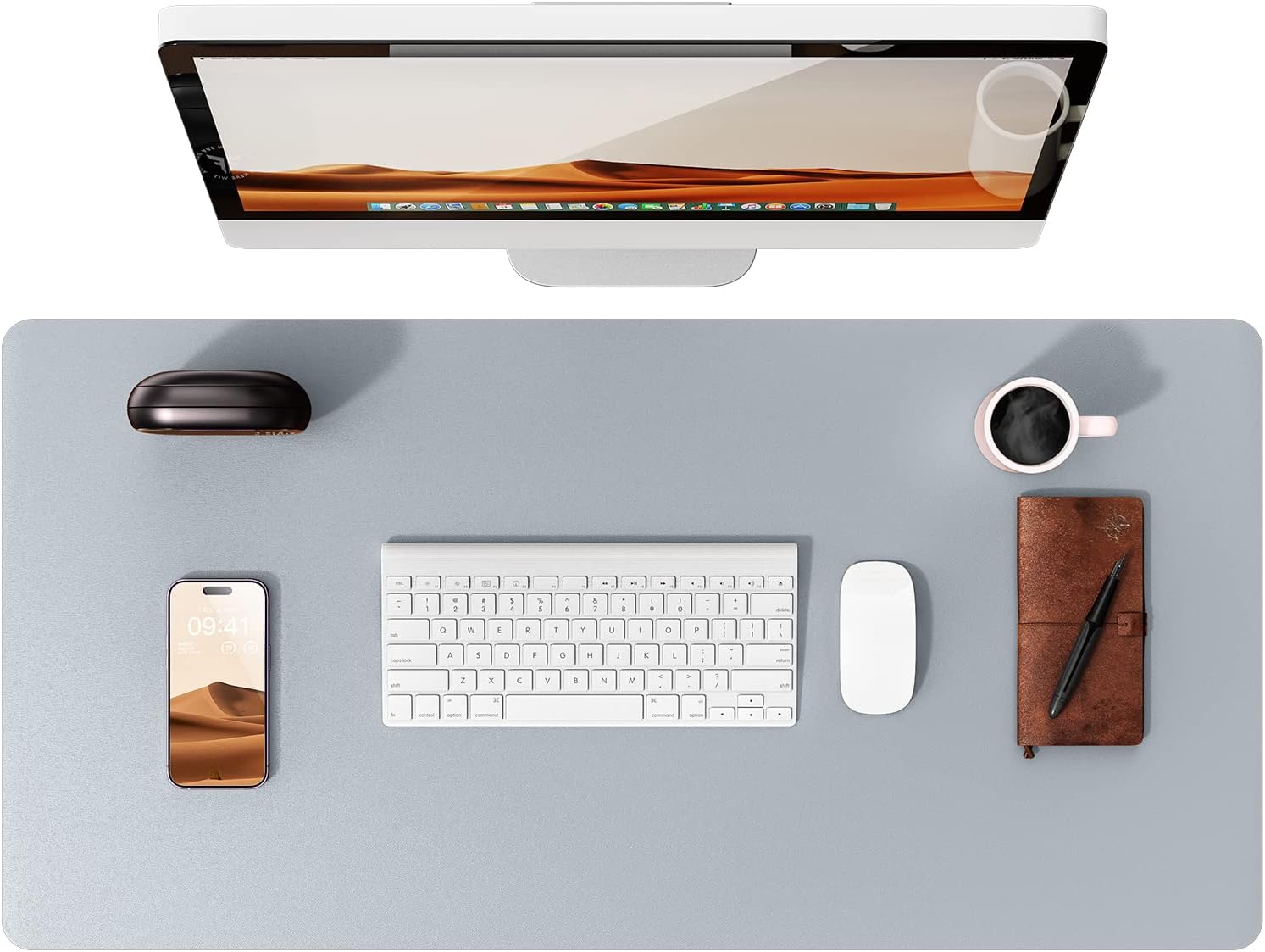 Leather Desk Pad Protector,（31.5" x 15.8") Large Mouse Pad, Non-Slip PU Leather Desk Blotter, Laptop Desk Pad,Light Grey