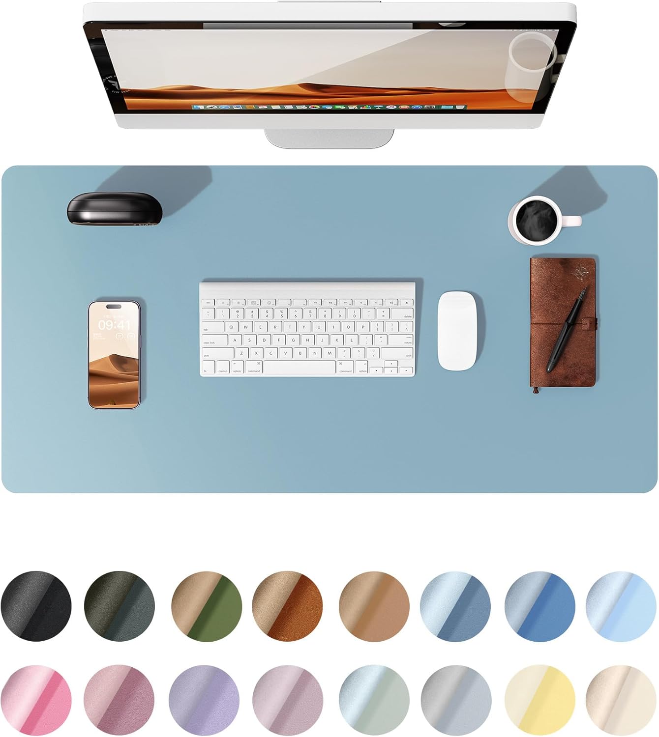 Leather Desk Pad Protector,（31.5" x 15.8") Large Mouse Pad, Non-Slip PU Leather Desk Blotter, Laptop Desk Pad,Ice Blue