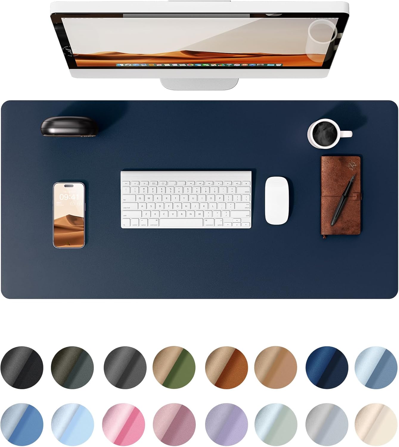Leather Desk Pad Protector,（31.5" x 15.8") Large Mouse Pad, Non-Slip PU Leather Desk Blotter, Laptop Desk Pad,Dark Blue