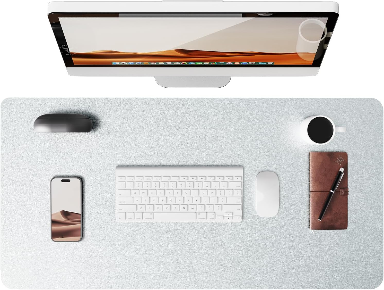 Leather Desk Pad Protector,（31.5" x 15.8") Large Mouse Pad, Non-Slip PU Leather Desk Blotter, Laptop Desk Pad,Silver