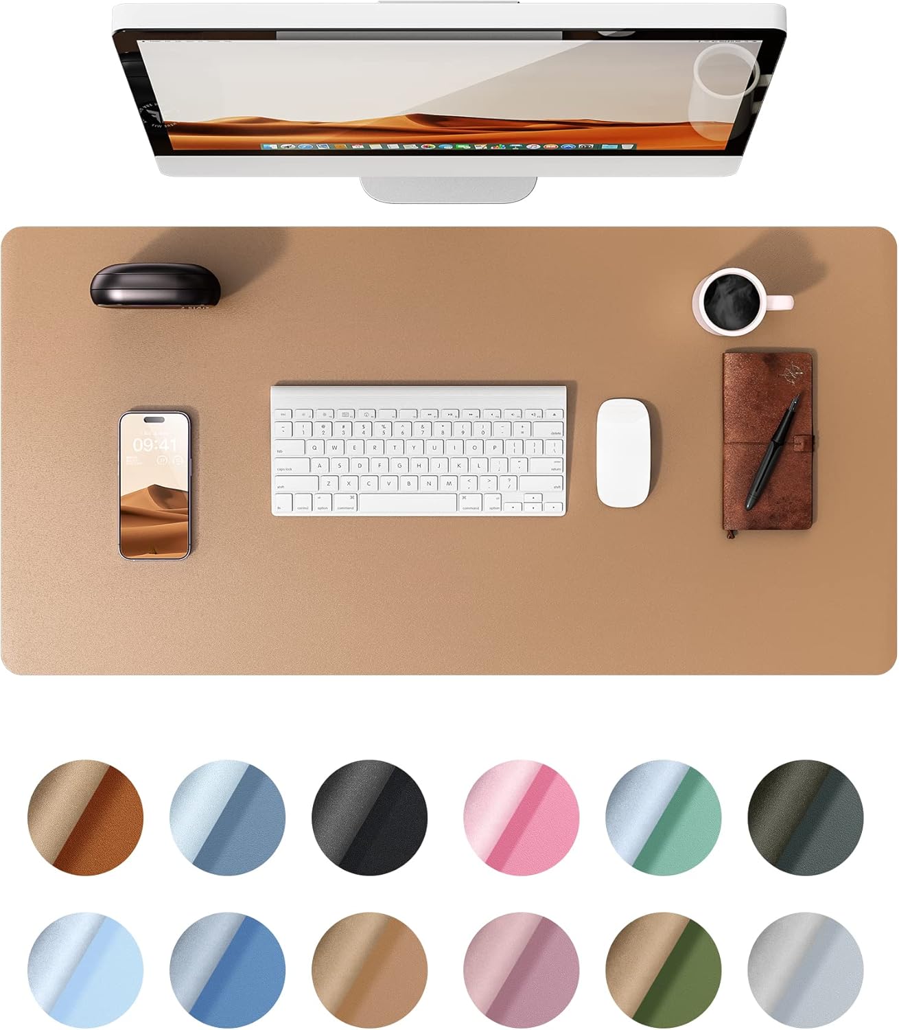 Leather Desk Pad Protector,（31.5" x 15.8") Large Mouse Pad, Non-Slip PU Leather Desk Blotter, Laptop Desk Pad,Khaki