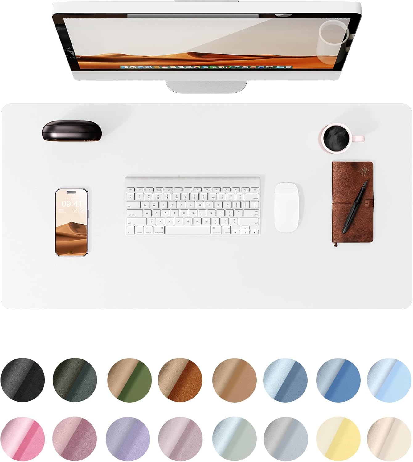 Leather Desk Pad Protector,（31.5" x 15.8") Large Mouse Pad, Non-Slip PU Leather Desk Blotter, Laptop Desk Pad,White